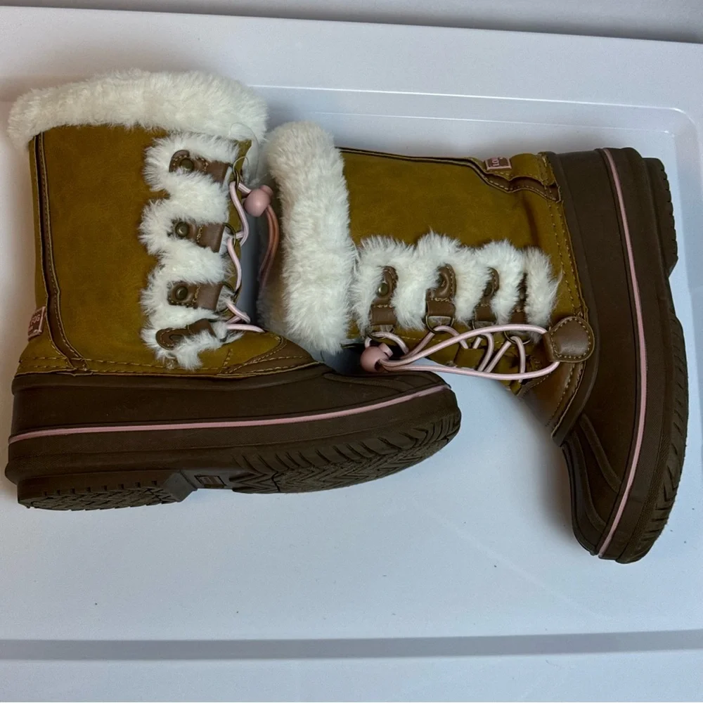 London Fog Kids Brown SnowBoots w/ Pink Accents sz 2‎ Faux Fur Winter Outdoor